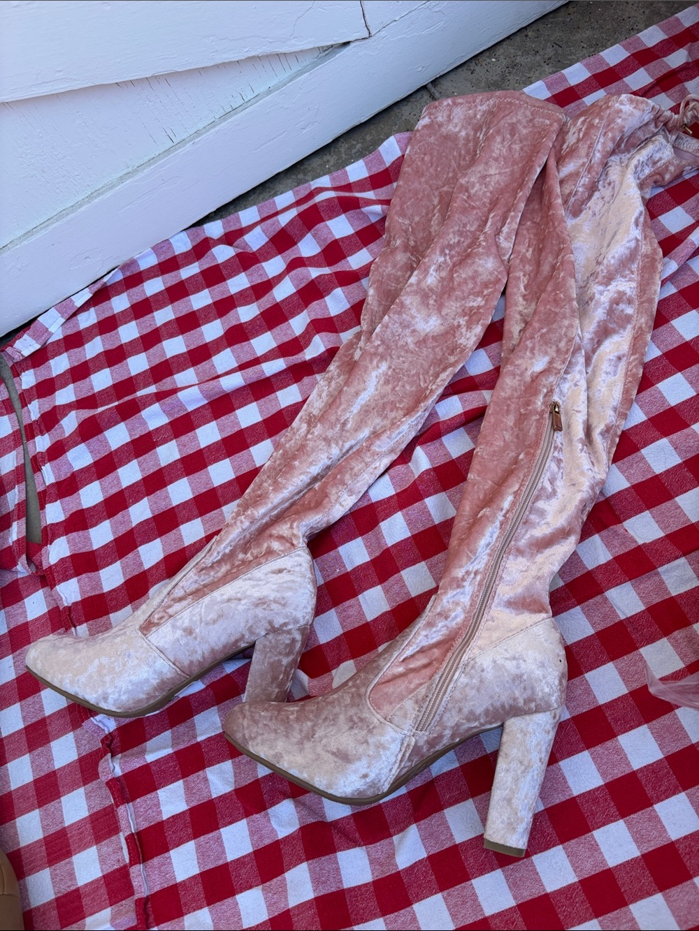 Pink velvet thigh high boots